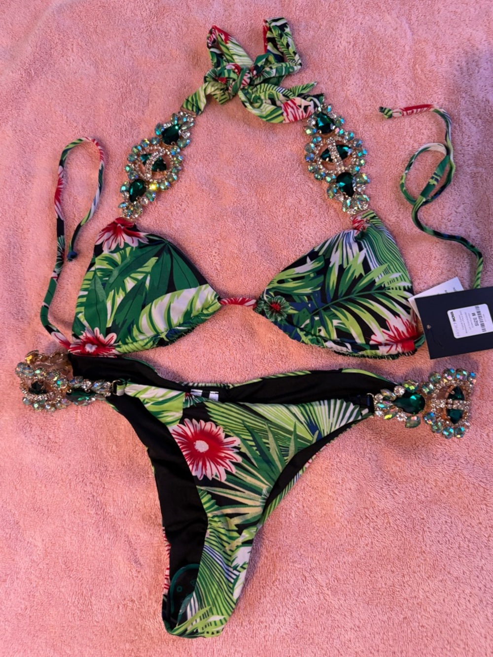 Fashion Nova Tropical Green Jeweled Bikini Set